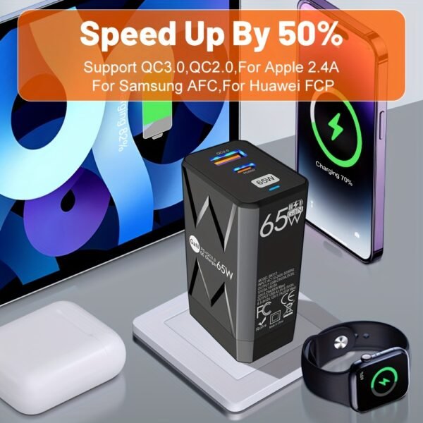PD 65W + USB 20W GaN Charger Dual Ports USB C EU Plug Wall Charger, Type-C QC3.0 Mobile Phone Fast Charging Adapter, 2 Ports Protable Travel Charger - Image 8