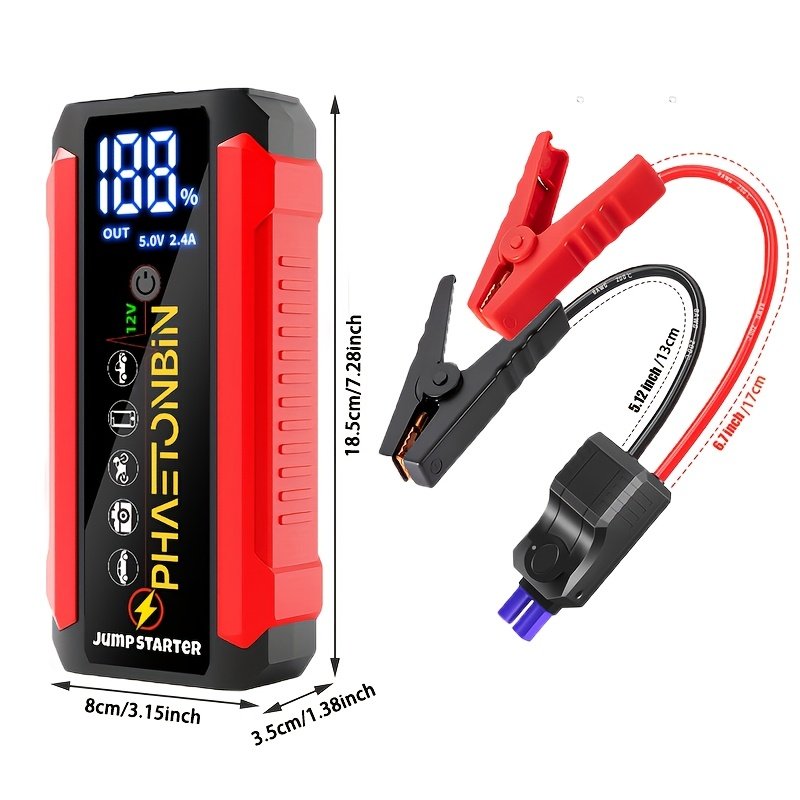 Phaetonbin Car Battery Jump Starter, 1500A Jump Starter Battery Pack, Suitable for Up to 6.0L Gasoline And 3.0L Diesel Engines, 12V Portable Jump Box with 3-Mode Flashlight, LCD Display, USB Port, And Jumper Cables. - Image 2