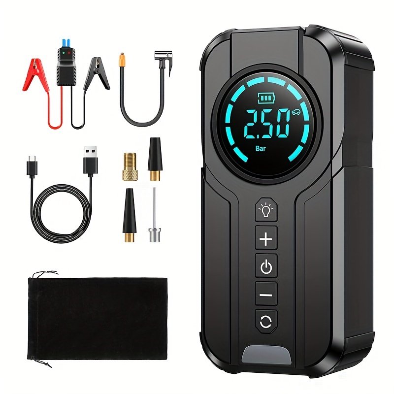 8000mAh Emergency Car Jump Starter Power Bank with Digital Display, Portable USB-C Charging Air Compressor, 12 Safety Protections, Fast Inflation in 10 Seconds, Rechargeable Lithium Polymer Battery for Tire Inflation and Multi-Functional Lighting