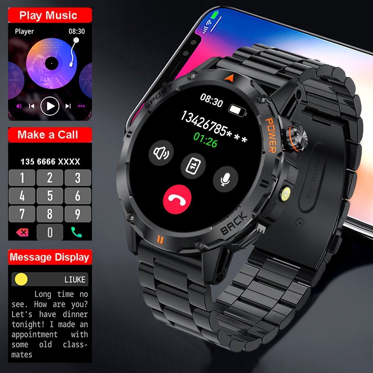 COIUSOR Men'S Smart Watch 3.89cm TFT Display, IP67 Waterproof, Voice Call, LED Flashlight, Wireless 5.3, Magnetic Charging, 400mAh Rechargeable Battery, Multiple Sports Modes, One-Click Sync for iPhone & Android - Image 4