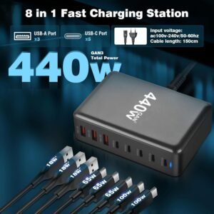 440W Gan High Power Multi-Port Fast Charger with European Standard Plug with 3 USB And 5 Type-C Ports Multiple Charging Ports Car Charger Fast Cell Phone Charger with LED Charging Indicator Charging Station for Iphone, for Macbook, for Samsung Etc.