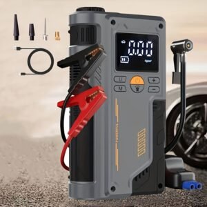 8000mAh Portable Car Jump Starter with Tire Inflator, Air Compressor, LED Display & Light, Dual USB/Battery Powered, Semi-Automatic, ABS, Lithium Polymer, for Cars, Motorcycles, Bikes, Festivals