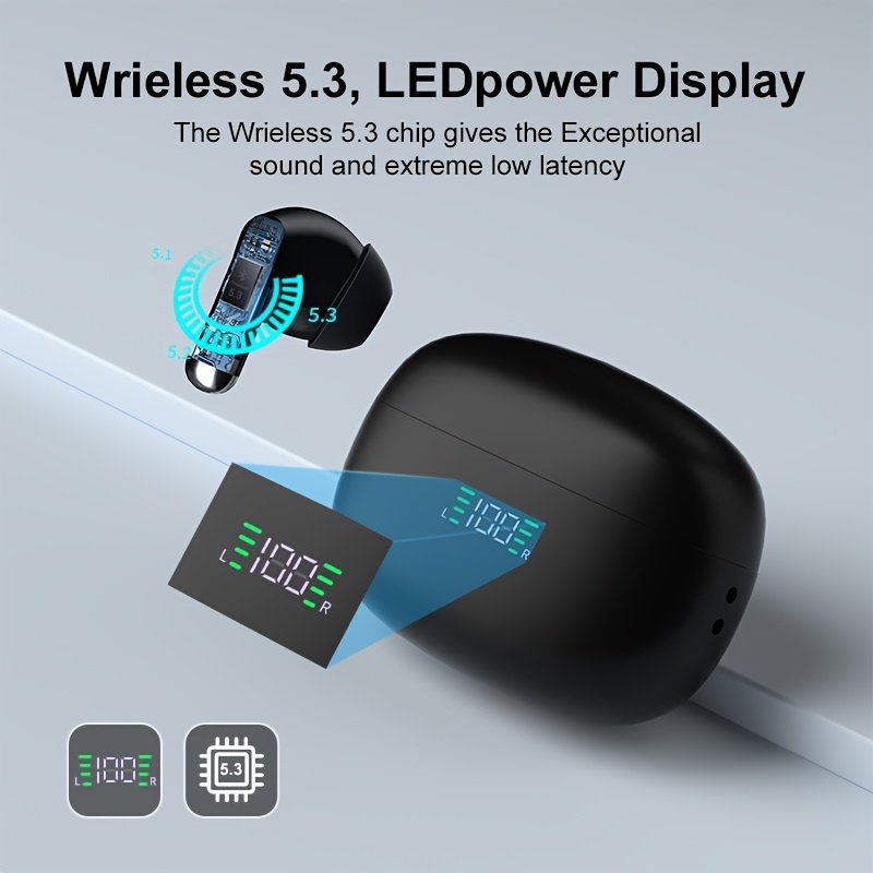 Wireless Headphones, ENC Noise Reduction V5.3 Headphones, 13mm Speaker, 30 Hours Playback Time, Built-in Noise Reduction Microphone, Type-C Fast Charging Box, Stereo for iPhone and for Android, with Digital Display - Image 7