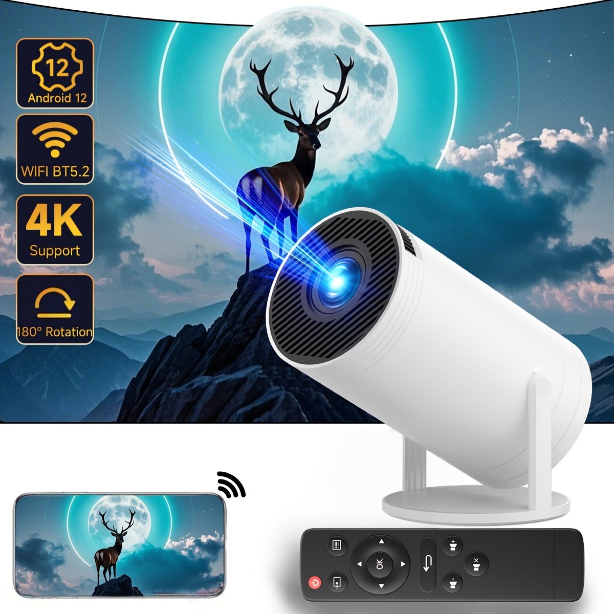 Compact 130ASIN High-Brightness Projector with 720P/1080P Support, WiFi & Wireless Connectivity, HDTV/USB/AV Outputs, Remote Control, and 120° Rotation - Ideal for Night Sky Viewing, EU Plug (220V-240V), Home Cinema Projector|Sleek Cylindrical Design|Vers