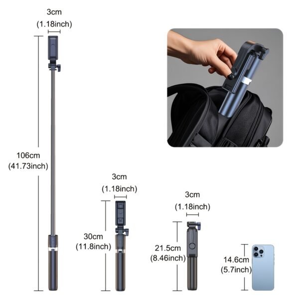 YIIOJUU 1pc 104.14cm Retractable All-in-One Smartphone Selfie Stick - 360° Rotating Tripod Holder, Wireless Remote Control, Ultra-Portable Compact Design Suitable for iPhone/Samsung/Android Phones, Perfect for Travel and Content Creation - Image 3