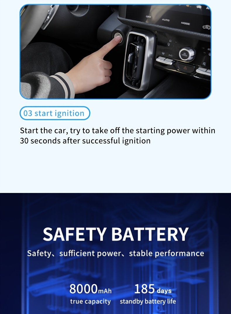 8000mAh Emergency Car Jump Starter Power Bank with Digital Display, Portable USB-C Charging Air Compressor, 12 Safety Protections, Fast Inflation in 10 Seconds, Rechargeable Lithium Polymer Battery for Tire Inflation and Multi-Functional Lighting - Image 18