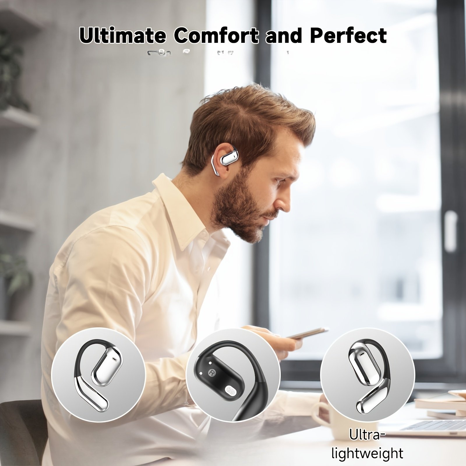 Wireless Headphones with Open Ear Design, Sport Earbuds Featuring Touch Volume Control, Built-In Microphone, And Ear Hooks. They Offer 50 Hours of Playtime And Come with an LED Display Charging Case, Ideal for Running And Fitness, Available in Black And W - Image 12