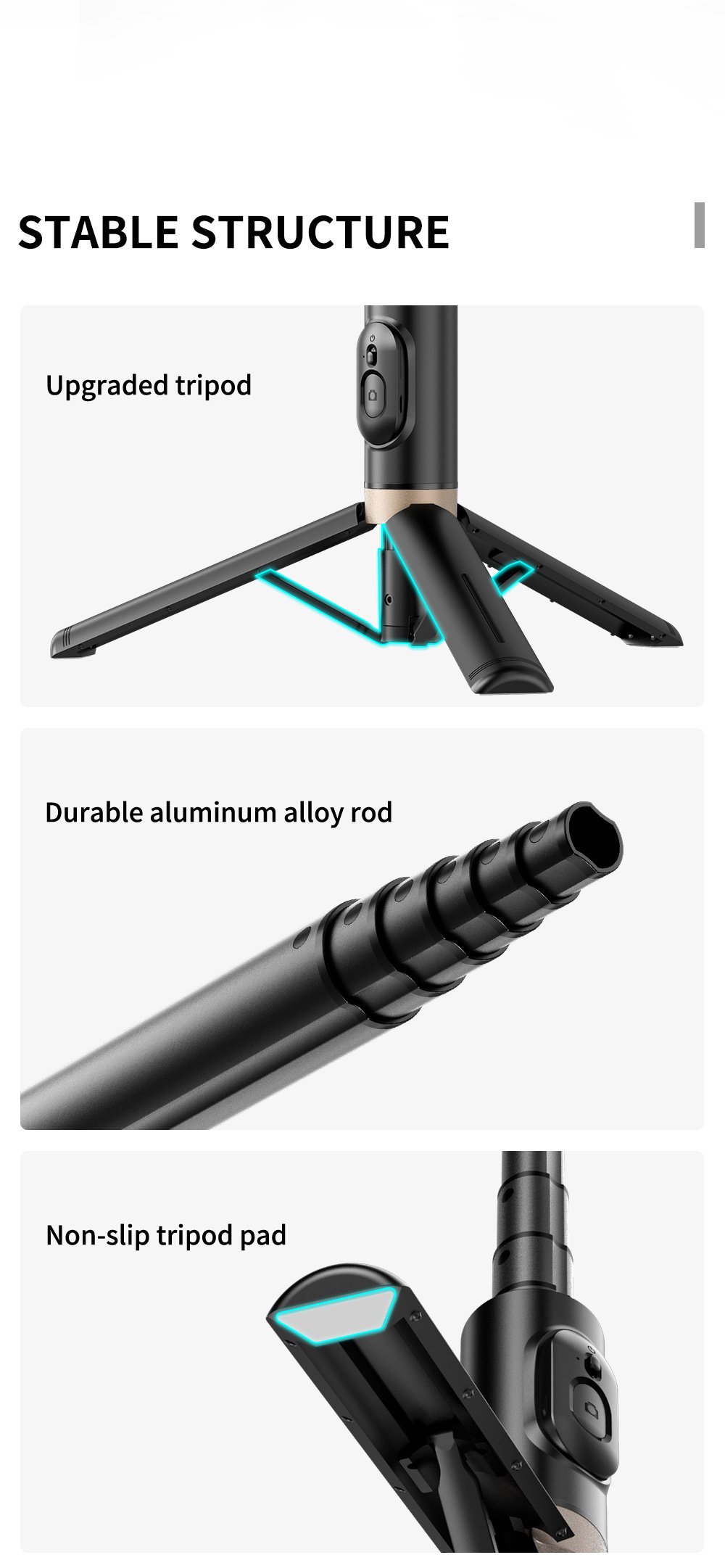 Portable Aluminum Alloy Phone Selfie Stick, Extendable Mobile Phone Tripod, Integrated Wireless Remote Hands Free Shooting For Apple IPhone And Android Smartphones 4''-7" - Image 13