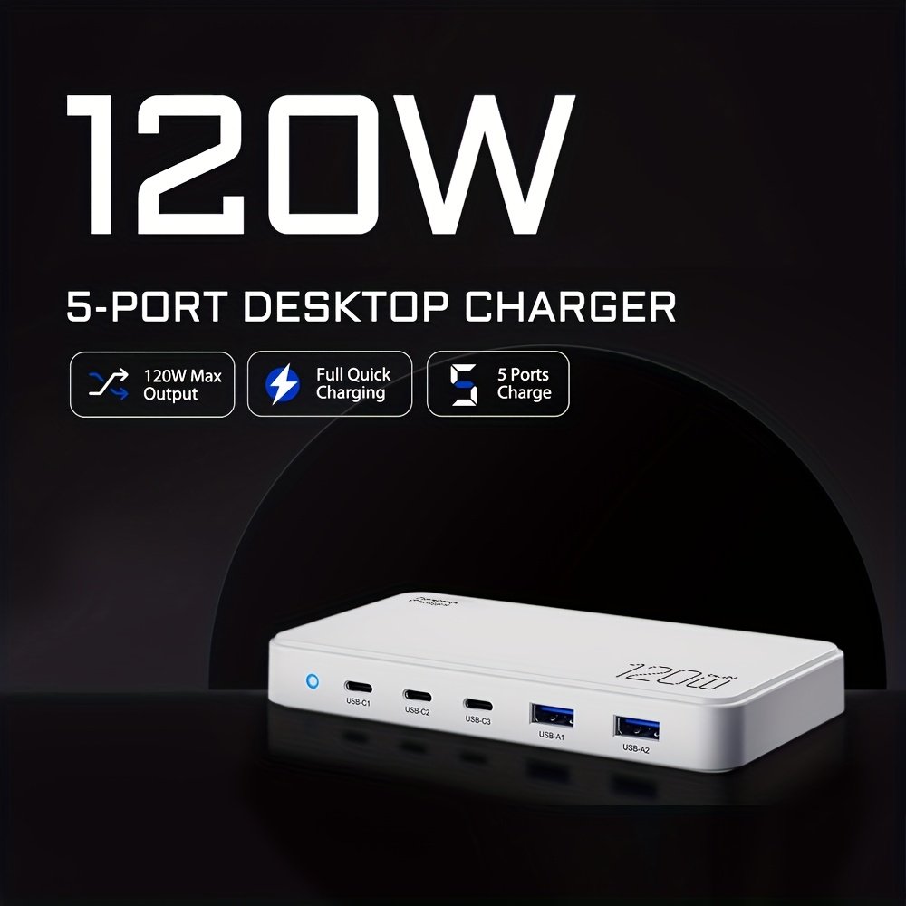 USB C Fast Charger 120W 5 Ports Type USB C Charging Station Hub Block USB C Wall Charger Power Strip Adapter Plug Cube Brick 3 USB C 2 USB A for iPad iPhone 15 14 13 12 11 Pro Max & for Samsung Pixel Note Galaxy series PD 100W Fast Charger For Laptop - Image 13