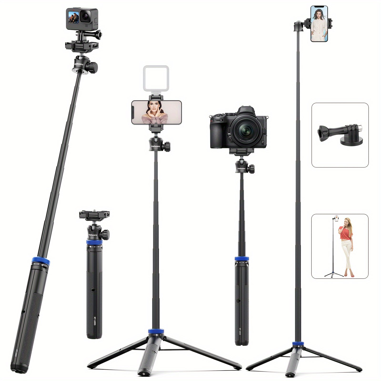 Rubesee 64-Inch Extendable Aluminum Alloy Selfie Stick Tripod, 8-Stage Adjustable Travel Stand with 2-in-1 Phone Clamp, 360° Ball Head for iPhone, Sony, Canon Cameras, Portable Vlogging Tripod - Image 3