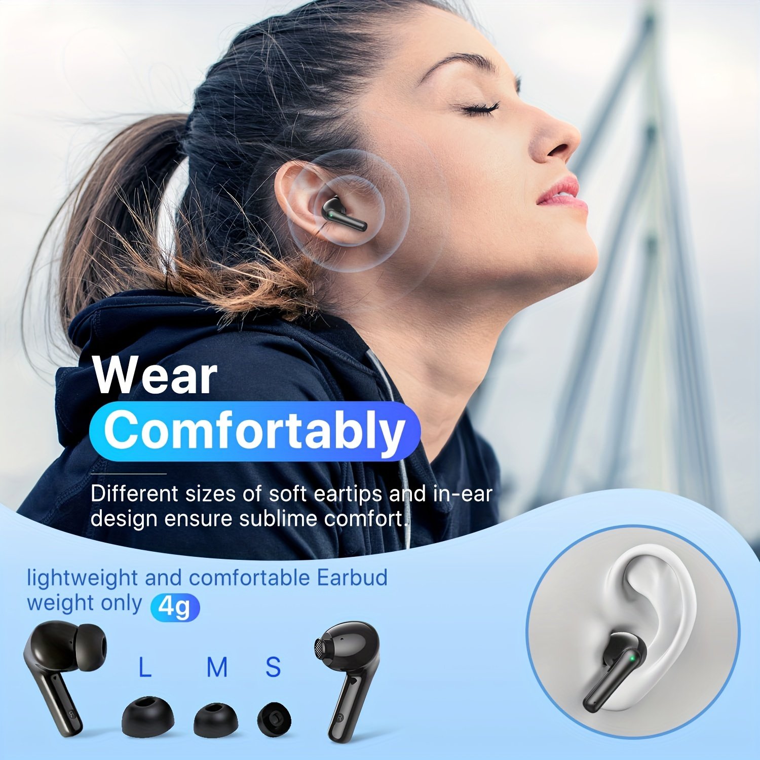 Wireless Earbuds, Bass Stereo Earbuds, Earbuds with Noise-Cancelling Microphone LED Display, In-Ear Earbuds, 36 Hour Playback Time, for Laptops and Mobile Phones, Sports & Fitness, Black. - Image 7