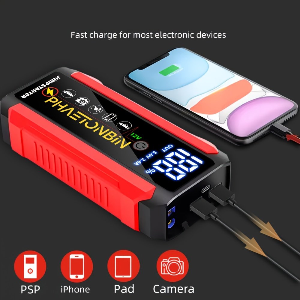 Phaetonbin Car Battery Jump Starter, 1500A Jump Starter Battery Pack, Suitable for Up to 6.0L Gasoline And 3.0L Diesel Engines, 12V Portable Jump Box with 3-Mode Flashlight, LCD Display, USB Port, And Jumper Cables. - Image 5