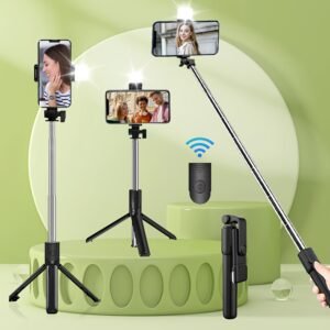 41-Inch Extendable Selfie Stick Tripod with Wireless Remote - All-in-One Portable for Cell Phones and Smartphones - Compact, Adjustable, and Durable Design for Perfect Selfies and Group Shots, Model with fill light