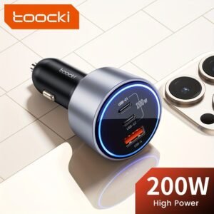 Toocki 200W High Power Car Charger with Dual USB-C PD & USB-A Ports, Fast Charging Adapter, Universal Compatibility, 36V Car Plug, Male-to-Male Connector, Supports Laptops/Phones/Tablets