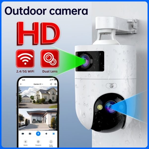 Easy to install ultra HD wireless outdoor surveillance camera, dual lens dual screen, ultra HD color night vision, outdoor waterproof and rain, application control, motion detection, two-way audio, no battery, support 5G network WiFi - Image 3