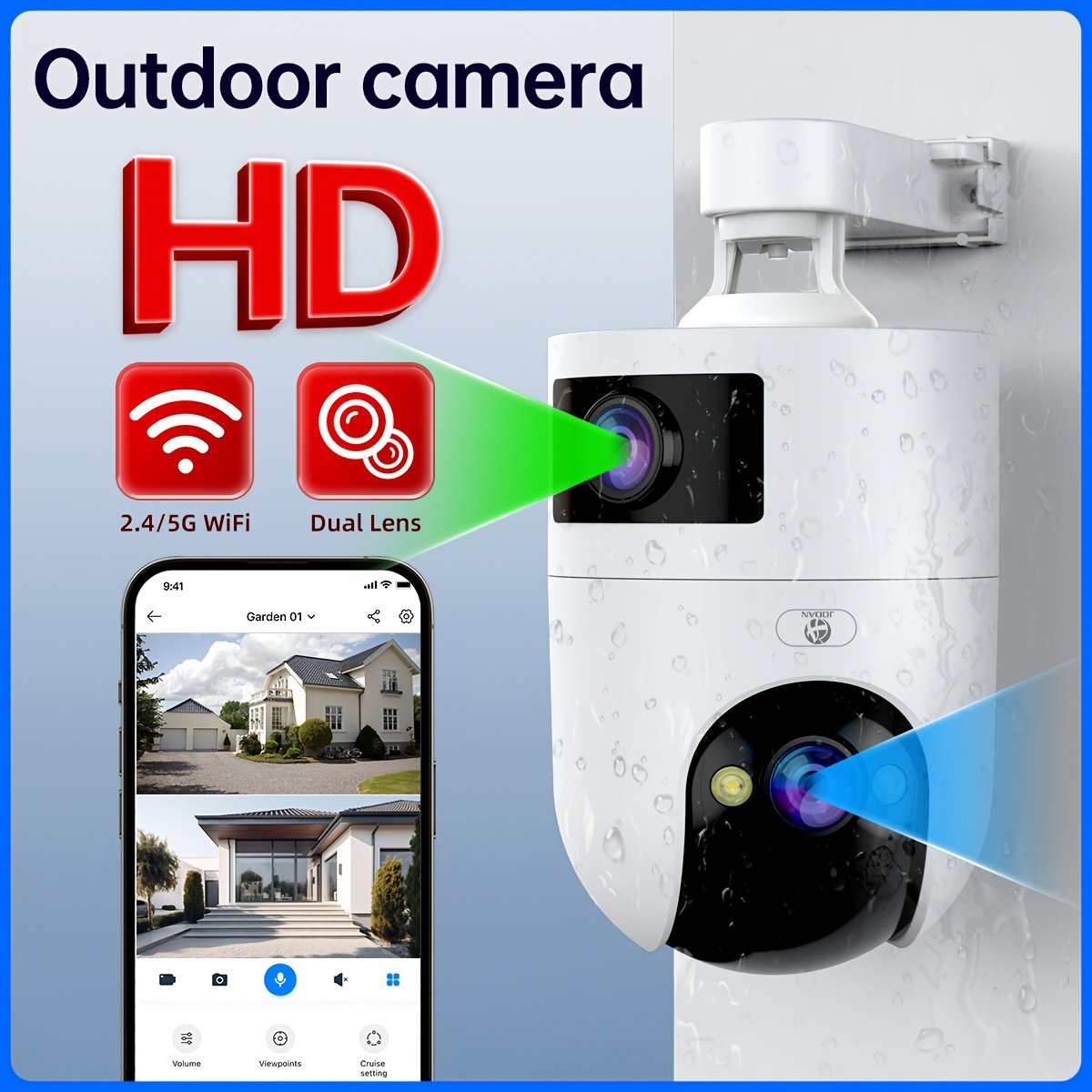 Easy to install ultra HD wireless outdoor surveillance camera, dual lens dual screen, ultra HD color night vision, outdoor waterproof and rain, application control, motion detection, two-way audio, no battery, support 5G network WiFi - Image 3