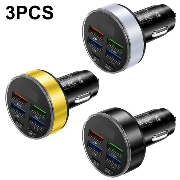 XJDR Silvery/Golden/Black Fast Charge 6 Port Car Phone Charger - QC3.0, Dual USB-C Power Adapter with LED Display for Vehicles - Image 5