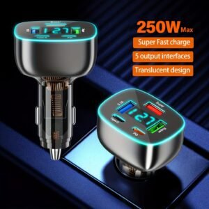 250W Super Fast Car Charger with 5A PD USB, Translucent Design - Fit for Cars & Trucks, Real-Time Voltage Display