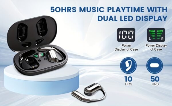Wireless Headphones with Open Ear Design, Sport Earbuds Featuring Touch Volume Control, Built-In Microphone, And Ear Hooks. They Offer 50 Hours of Playtime And Come with an LED Display Charging Case, Ideal for Running And Fitness, Available in Black And W - Image 14