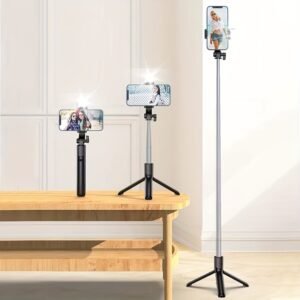 1pc Extra Long 104.98cm Wireless Selfie Stick Tripod with Beauty Fill Light, Remote Control, 360° Rotating, Stainless Steel, Compatible with Live Streaming & Photography, Non-Rechargeable Button Battery Powered