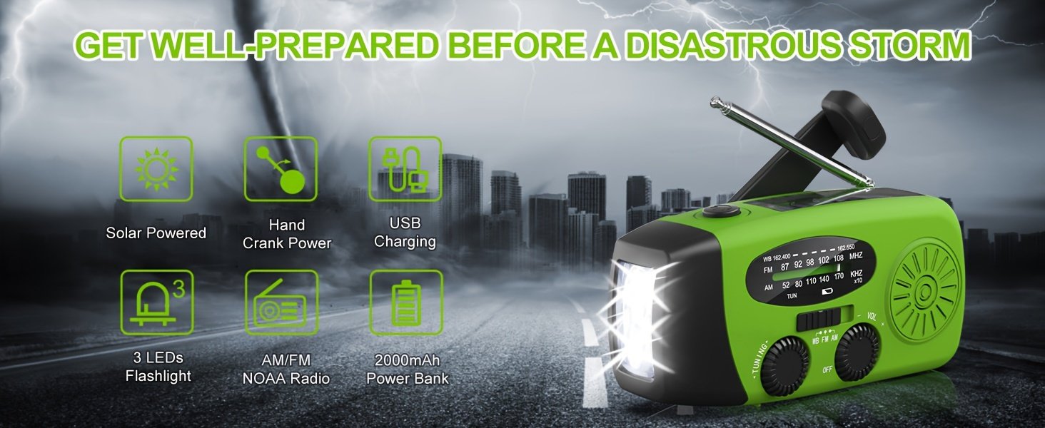 Portable Emergency Radio with Power Bank, 2000mAh Lithium Battery, AM/FM/NOAA Weather Band, Hand Crank & Solar Charging, USB Rechargeable, 3 LED Flashlight, Non-Waterproof, for Indoor Outdoor Camping - Image 11