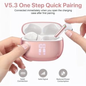 V5.3 Wireless Earbuds with Mic, 40 Hours Playtime, 380mAh LED Display Charging Case, Stereo Bass, Touch Control, Noise Cancellation, Type-C USB Charging, Non-Waterproof, for Adults, Sports & Exercise, Condenser Mic, Closed-Back Earcups, Compatible with Ce