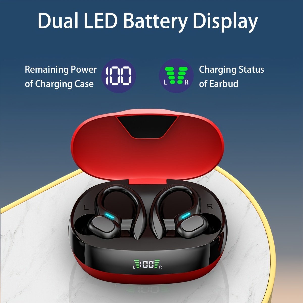 Sleek Red Wireless Earbuds with Noise Cancellation, LED Power Display, Crystal-Clear Bass - USB Rechargeable In-Ear Headphones for Fitness & Home Use, Earbuds Wireless - Image 5