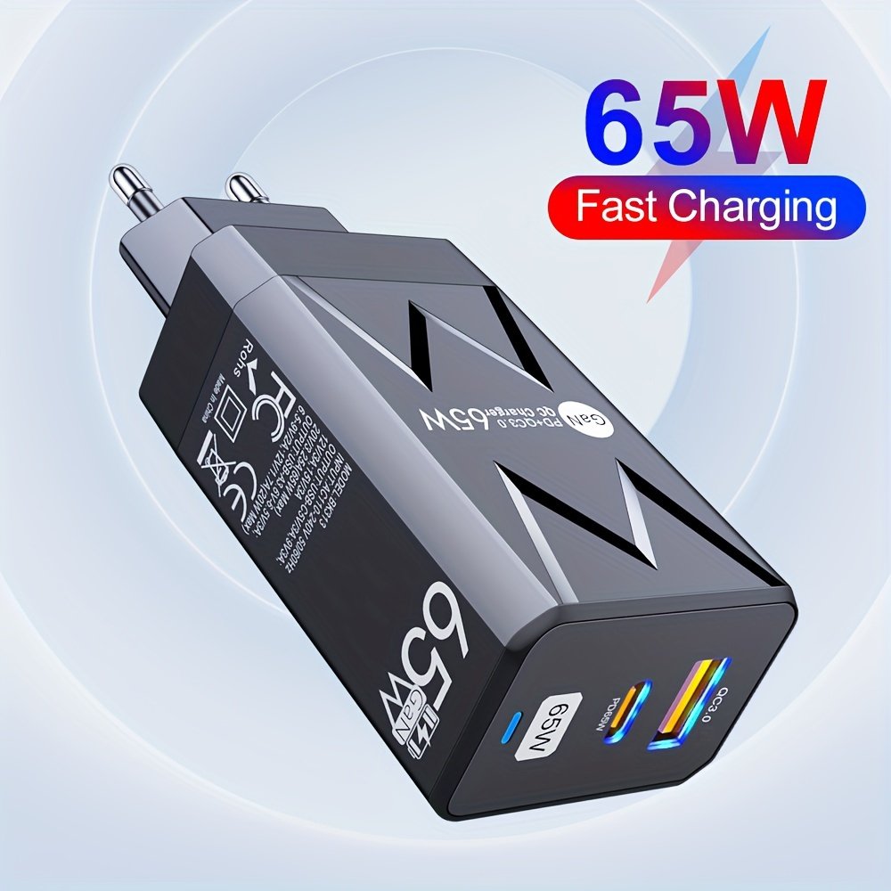 PD 65W + USB 20W GaN Charger Dual Ports USB C EU Plug Wall Charger, Type-C QC3.0 Mobile Phone Fast Charging Adapter, 2 Ports Protable Travel Charger