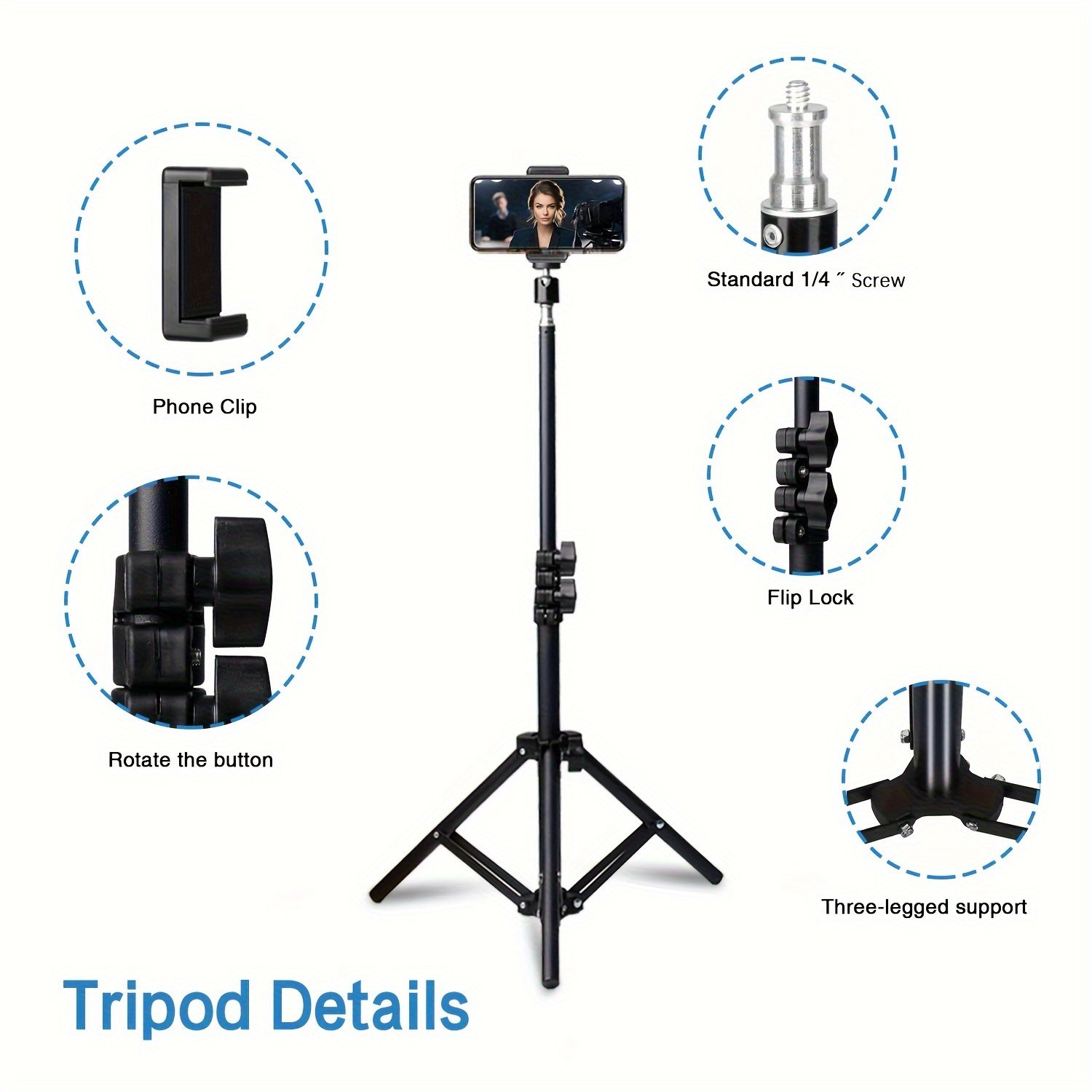 1pc UEGOGO 83.4" Iron Extendable Photography Tripod Stand with 1/4" Screw, Portable Adjustable Tripod for Cell Phone Photography, Video Recording, Live Streaming, Includes Tripod Stand and Phone Clip - Image 10