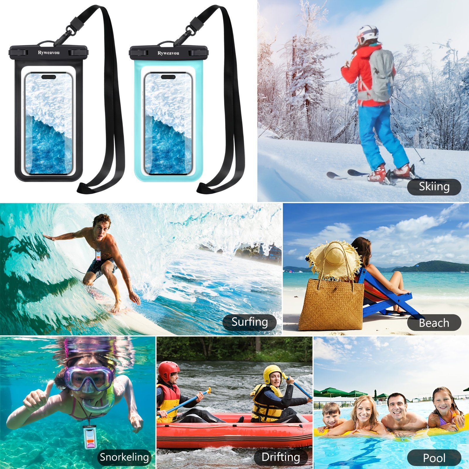 Ryweavou 2-Pack 7-Inch Waterproof Phone Pouch, PVC Dry Bag for iPhone 16 Pro/15/14/13/12/11 Pro Max/XS Plus/Galaxy, Completely Waterproof for Diving, Swimming, Snorkeling, Beach Activities - Black - Image 2