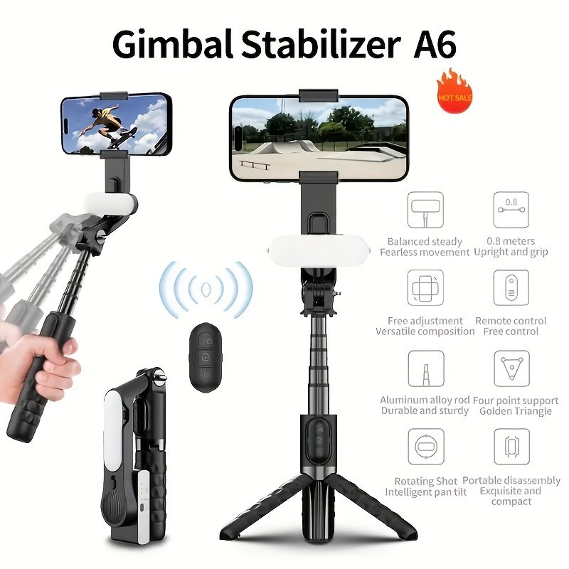 1pc Desiontal A6 1-Axis Handheld Gimbal Stabilizer with Wireless Remote, LED Beauty Light, Tripod Mount, Retractable Folding Selfie Stick for iPhone/Android - USB Charging, ≤36V, 400mAh Lithium Polymer Battery, ABS Material