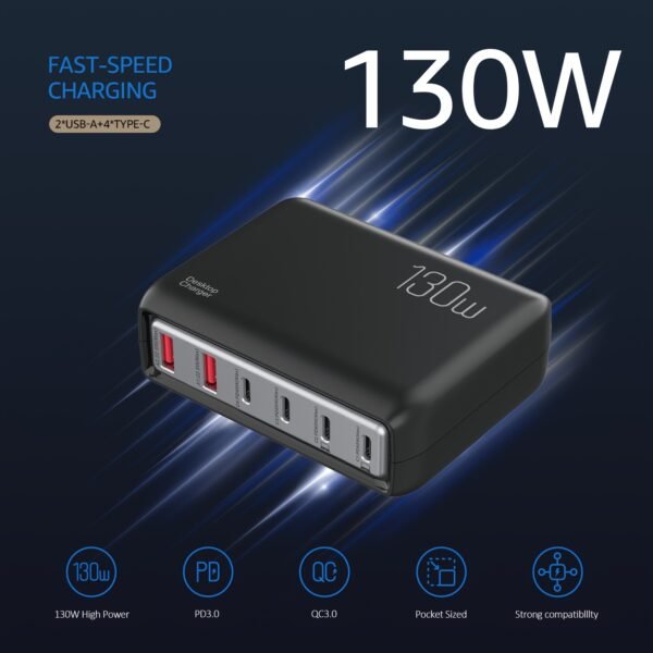 1pc 130W Cell Phone Electronics Charger Multi-functional Quick Charging Station with 2-Port QC 3.0 USB 4-Port Type-c Quick Charger for Smartphones, Laptops, Watches And Other USB Devices