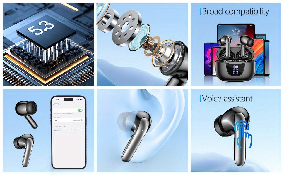 Wireless Headphones, Wireless 5.3 Headphones, 13mm Speaker, 30H Playtime, Type-C Fast Charging Box, Stereo Wireless In-Ear Headphones, Suitable for iPhone and for Android In-Ear Headphones, Gaming Business Sports Headphones with Microphone. with digital d - Image 10