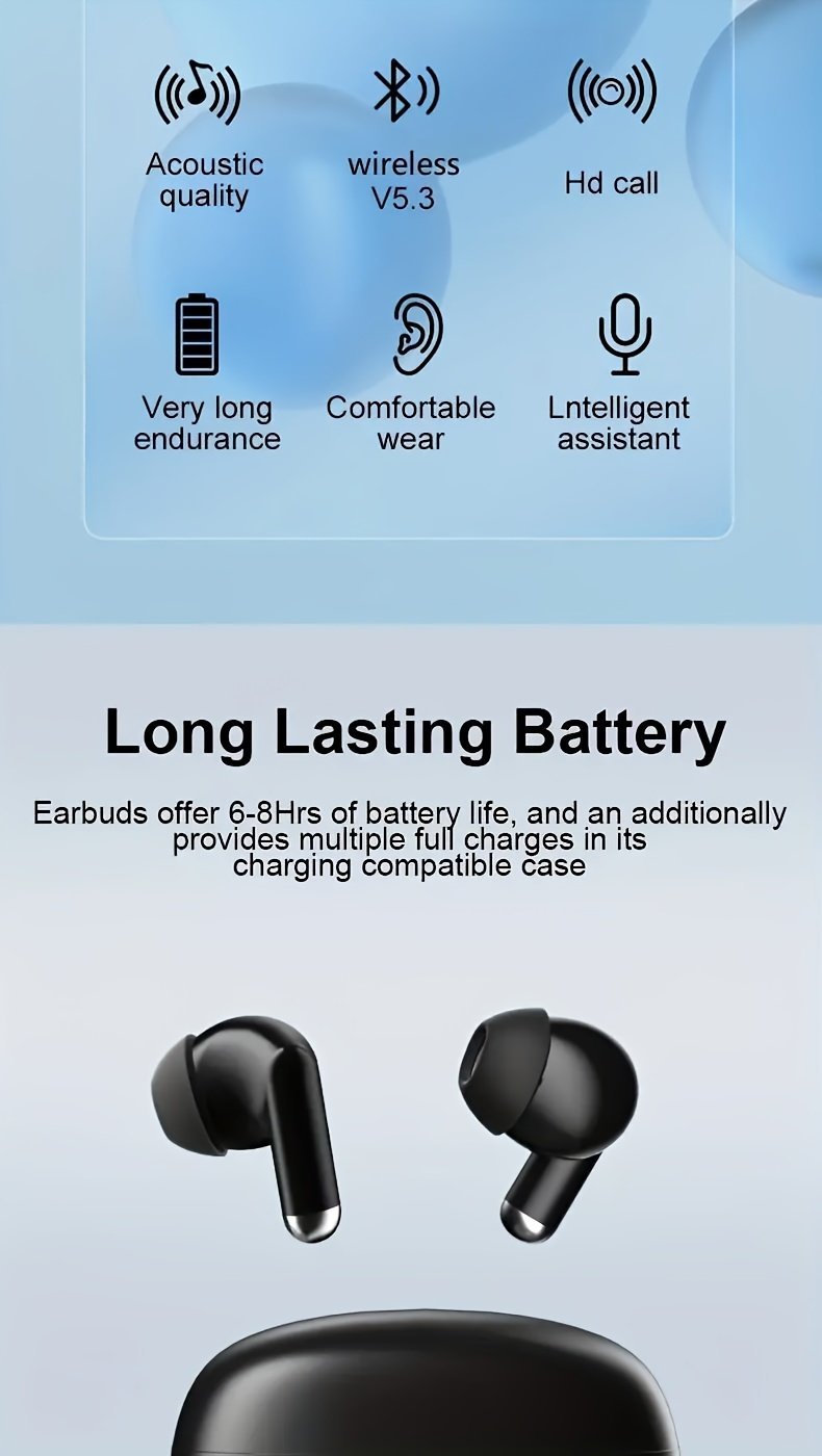 Wireless Headphones, ENC Noise Reduction V5.3 Headphones, 13mm Speaker, 30 Hours Playback Time, Built-in Noise Reduction Microphone, Type-C Fast Charging Box, Stereo for iPhone and for Android, with Digital Display - Image 9
