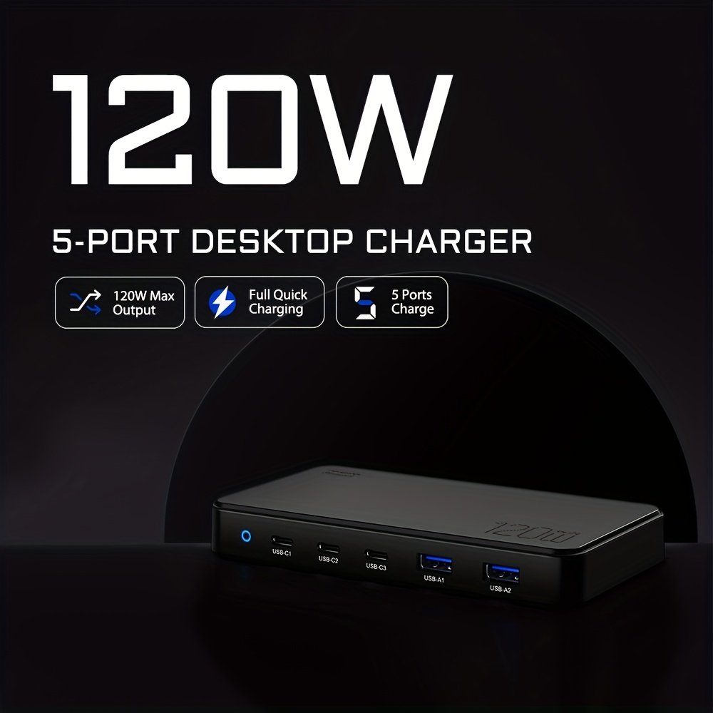 USB C Fast Charger 120W 5 Ports Type USB C Charging Station Hub Block USB C Wall Charger Power Strip Adapter Plug Cube Brick 3 USB C 2 USB A for iPad iPhone 15 14 13 12 11 Pro Max & for Samsung Pixel Note Galaxy series PD 100W Fast Charger For Laptop - Image 3