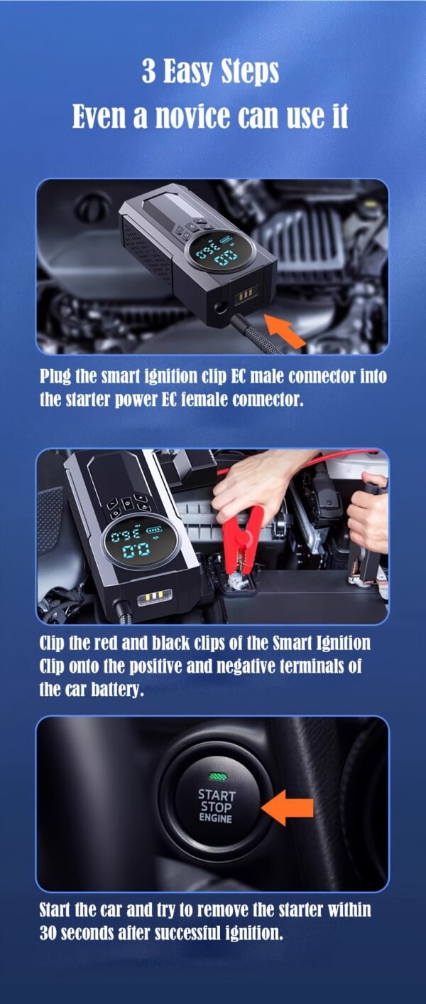 1 Portable Emergency Car Jump Starter with Air Pump & Power Bank - USB Rechargeable, Semi-Automatic, ABS Material, Black - Ideal for Christmas, Valentine's, Thanksgiving - Features Digital Display & Inflates Large Tires - Image 13