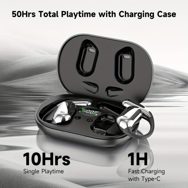 Wireless Headphones with Open Ear Design, Sport Earbuds Featuring Touch Volume Control, Built-In Microphone, And Ear Hooks. They Offer 50 Hours of Playtime And Come with an LED Display Charging Case, Ideal for Running And Fitness, Available in Black And W - Image 9