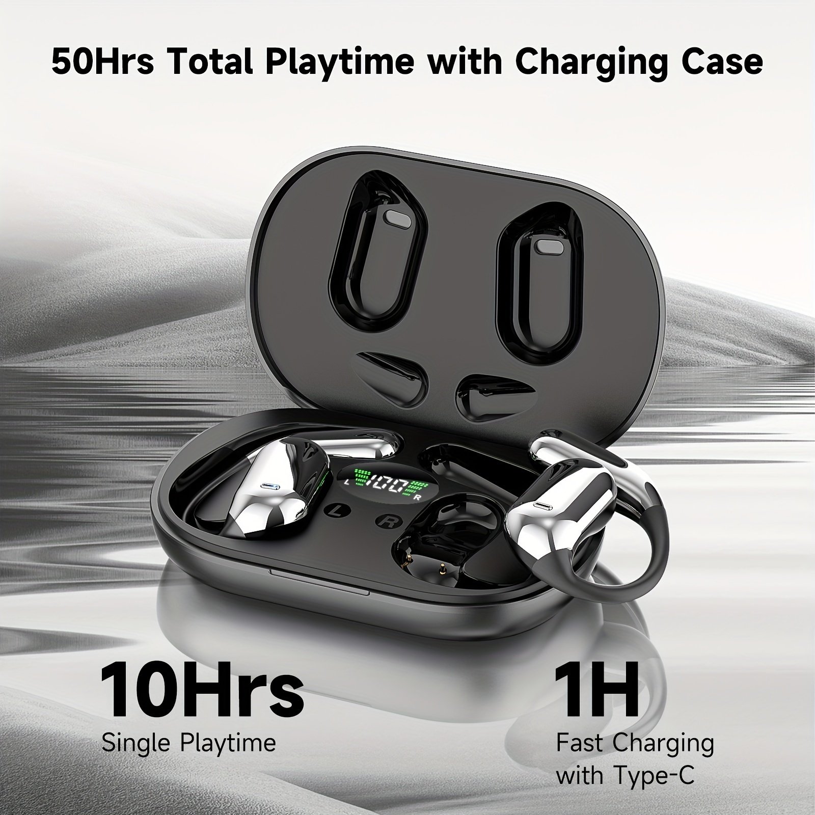 Wireless Headphones with Open Ear Design, Sport Earbuds Featuring Touch Volume Control, Built-In Microphone, And Ear Hooks. They Offer 50 Hours of Playtime And Come with an LED Display Charging Case, Ideal for Running And Fitness, Available in Black And W - Image 9