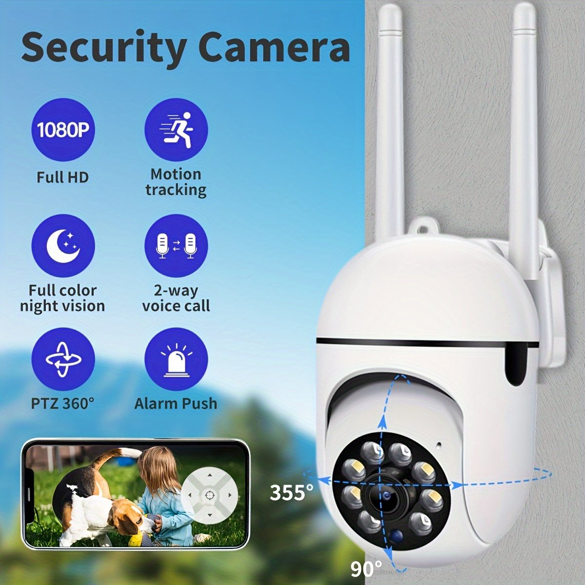 1pc High-definition 1080P Wireless Wifi Security Camera PTZ IP 355-degree 2.4G System Two-way Audio Motion Detection and Visual Active Defense Alarm Notification Push Pet Youngsters Monitor Supports Up to 256G TF/SD Card Intercom Home Security Camera, Rem - Image 2