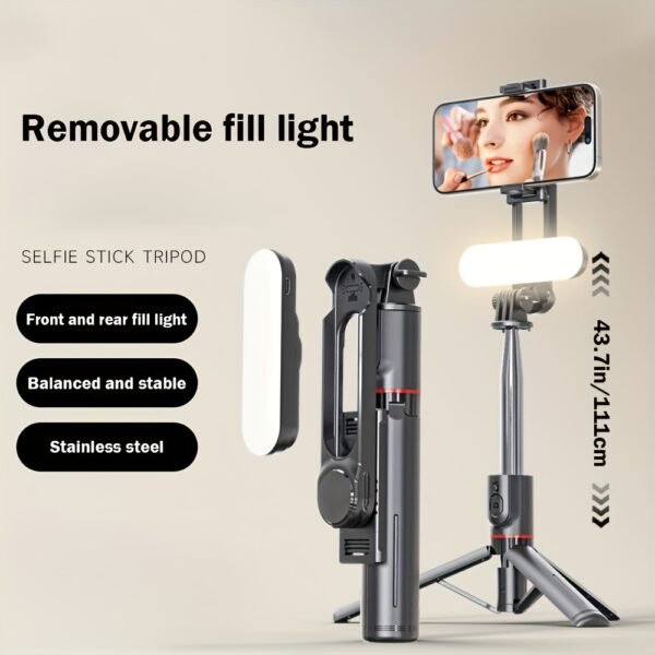 1pc Stainless Steel Selfie Stick with Wireless Remote Fill Light, Battery Powered, ≤36V, Multi-functional Handheld Travel Stand for iPhone/Android, Outdoor Live Photo Shooting, Ideal Gift - Image 3
