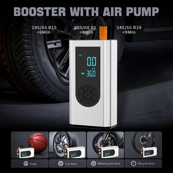 Portable Wireless Car Battery Emergency Starter Inflator Pump, Auto Tire Inflator Pump, Portable Car Emergency Start Battery Power, Tire Inflator Pump, Air Compressor, LED Display, Large Capacity Storage With Emergency Flashlight - Image 3