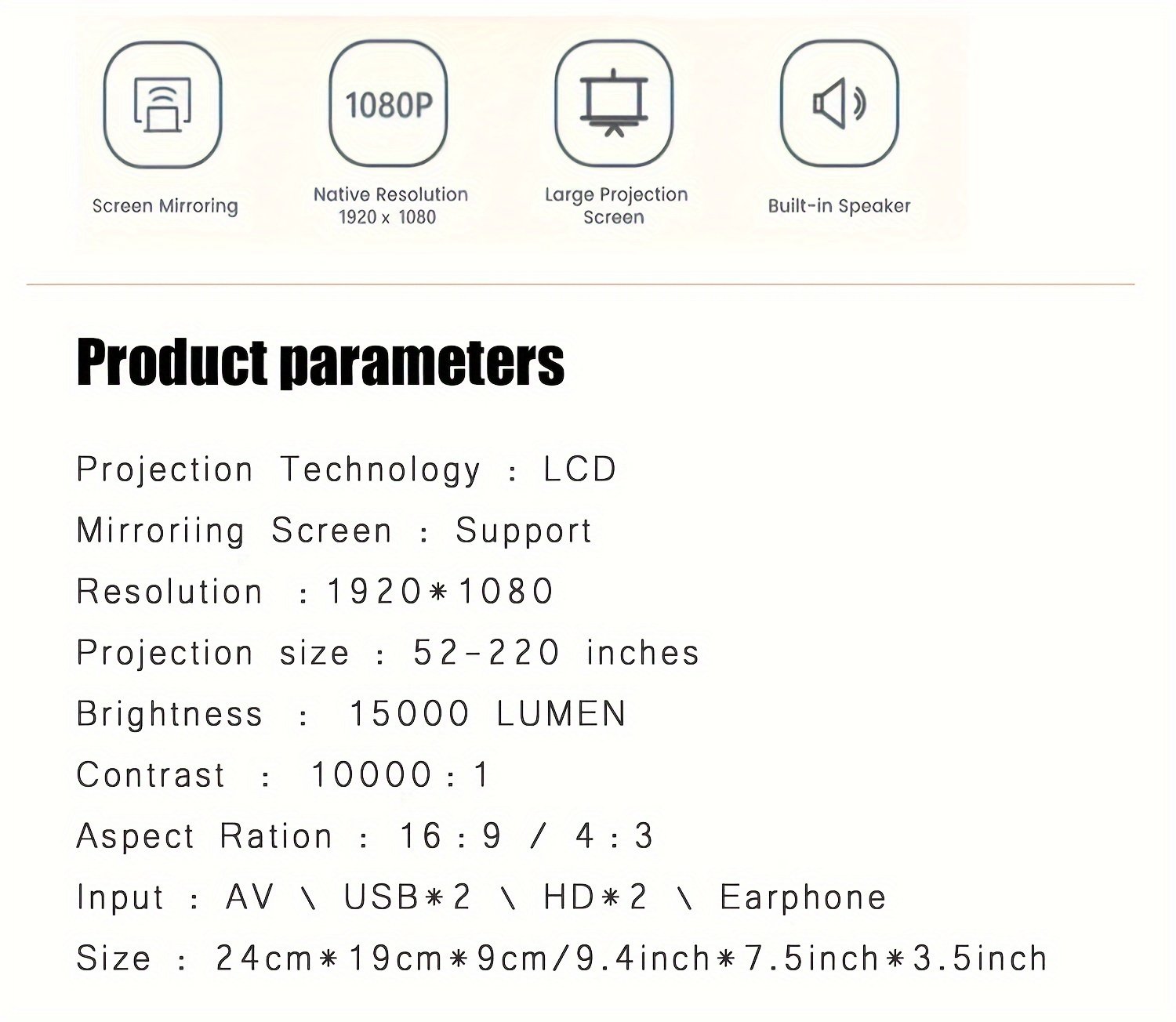 Electric Focus Native 1080P Full HD Projector, Equipped with 5G Wireless Wifi, 15,000 Lumens Brightness, 220-Inch Large Screen, Built-In Speaker, Portable Movie Projector, Suitable for Home Theater in Living Room Or Bedroom, Stylish Mirror Design, Support - Image 14