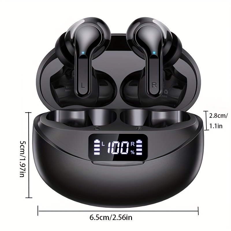 Wireless Earbuds with LCD Display, Touch Control, CVC 8.0 Noise Cancelling, Condenser Mic, Type-C Charging, Non-Waterproof Plastic Headphones for Exercise & Audio Surveillance, Compatible with Cellphones
