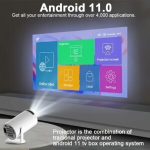 TUOGTCI Outdoor Projector for Android 11.0 200ANSI WiFi6 Dual Wifi HD 1280*720p Wireless 5.0 Support 4K Hard Decoding Play HD Video Portable Home Theater Compatible with HD/USB/Smartphone