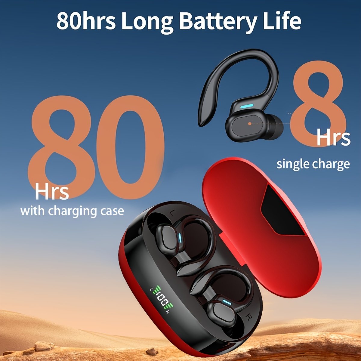 Sleek Red Wireless Earbuds with Noise Cancellation, LED Power Display, Crystal-Clear Bass - USB Rechargeable In-Ear Headphones for Fitness & Home Use, Earbuds Wireless - Image 4