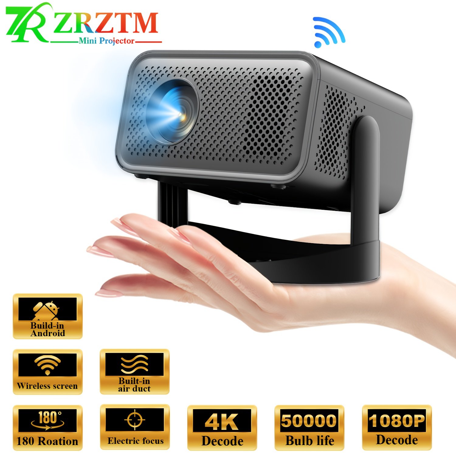 ZRZTM Projector - Ultra HD 4K decoding support 1080P, built-in Android, lightweight and portable, 360° adjustable viewing view, wireless wifi autofocus/keystone correction HDTV home theater experience - Image 3