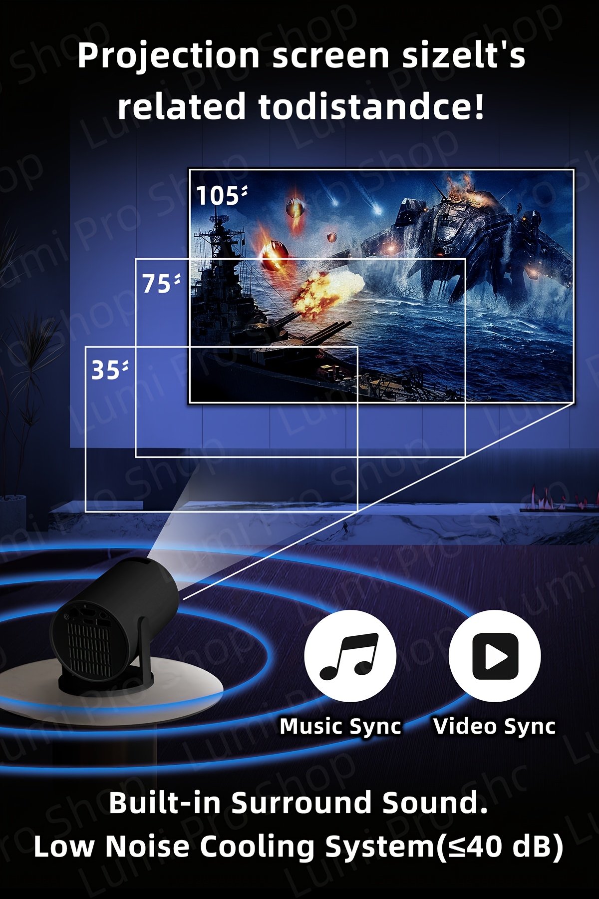 Portable Projector 1080P, Smart Projector with Android TV, 180° Rotatable, WiFi Connectivity, WUXGA Native Resolution 1920x1200, 3D Ready, LCD Display Technology, 500-999 Lumens, 4:3 Aspect Ratio, with USB Power, Button Control for Home Theater, 3.3meter - Image 11