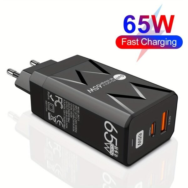 PD 65W + USB 20W GaN Charger Dual Ports USB C EU Plug Wall Charger, Type-C QC3.0 Mobile Phone Fast Charging Adapter, 2 Ports Protable Travel Charger - Image 2