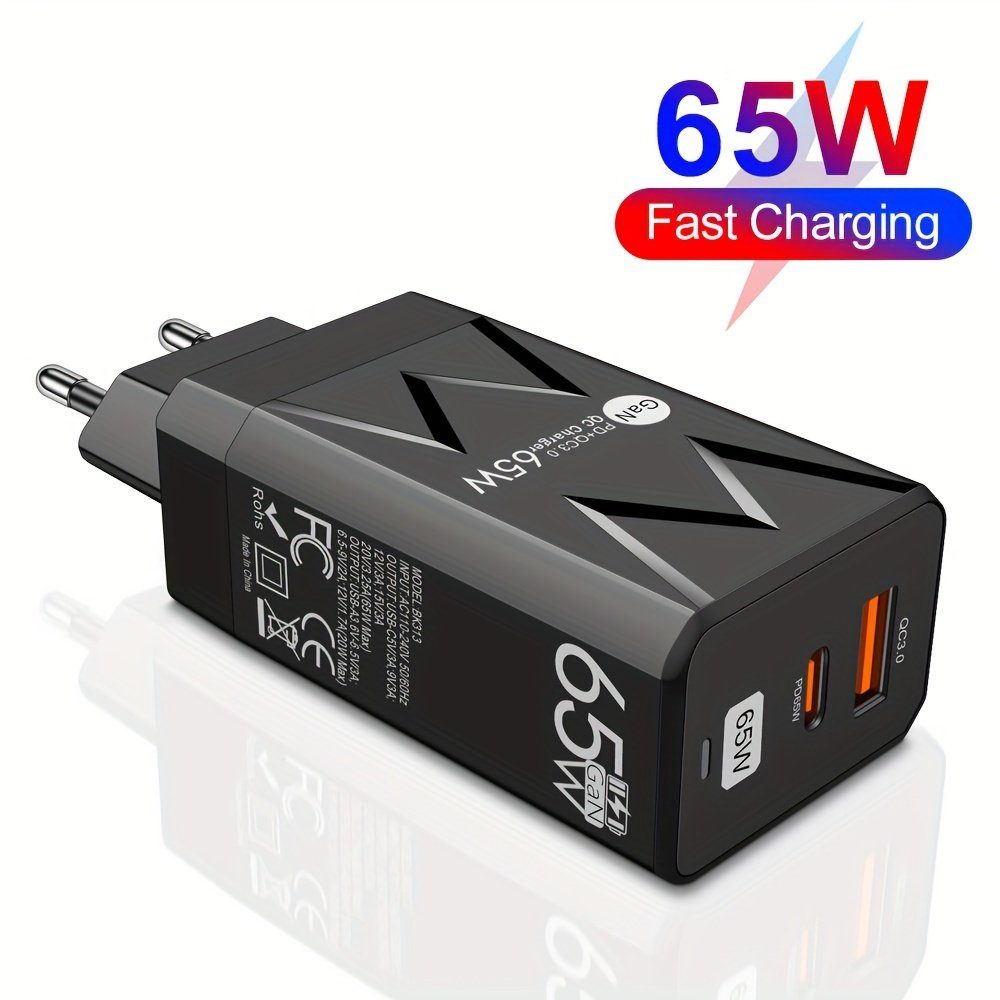 PD 65W + USB 20W GaN Charger Dual Ports USB C EU Plug Wall Charger, Type-C QC3.0 Mobile Phone Fast Charging Adapter, 2 Ports Protable Travel Charger - Image 2