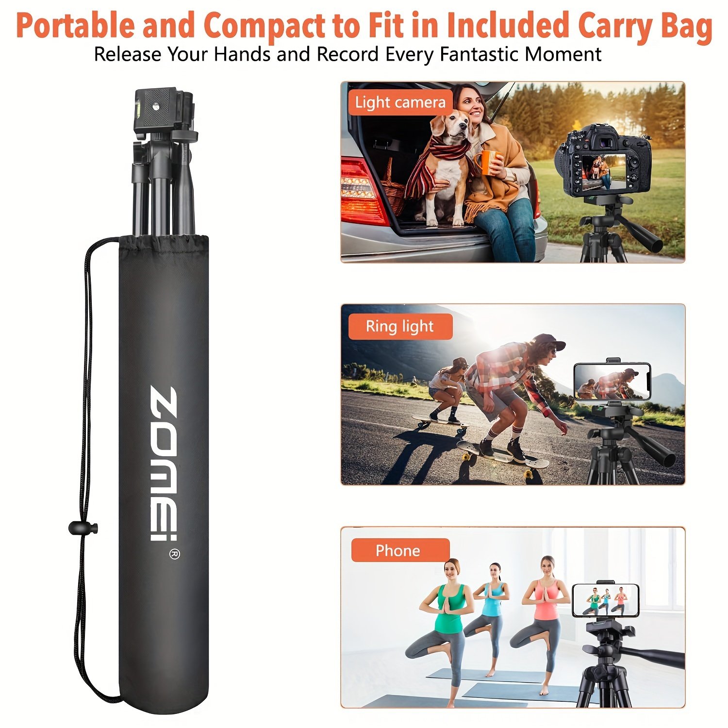 ZOMEI 139.7cm Black Aluminum Tripod with Phone Clip & Carry Bag - Adjustable, Portable Stand for Live Streaming, Vlogging | Compatible with Phones, Cameras, Mini Ring Lights, Perfect for Christmas Gifts, Holiday Office, Bedroom, Hotel, Party, Restaurant D - Image 5
